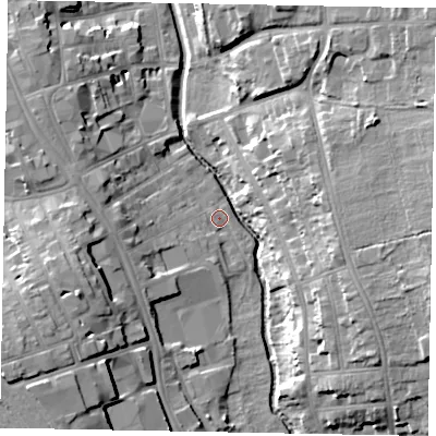 Shaded relief map of the ground around NG316HZ, computed from Environment Agency LiDAR. The ground here sits at about 53 m above sea level and falls 20 m across the surrounding 800 m. Surface water reaching this point runs off ground lying to the west-south-west, 5.6 m higher.