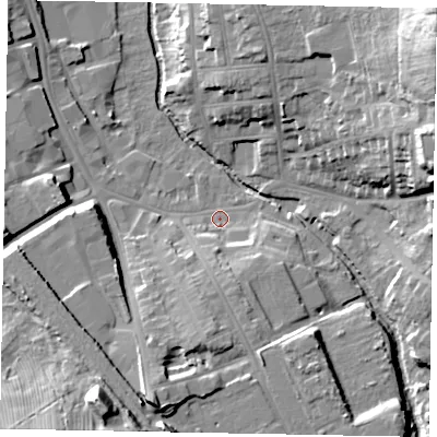 Shaded relief map of the ground around NG316JH, computed from Environment Agency LiDAR. The ground here sits at about 54 m above sea level and falls 39 m across the surrounding 800 m. Surface water reaching this point runs off ground lying to the south-south-west, 23.9 m higher.