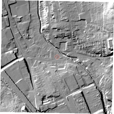 Shaded relief map of the ground around NG316JJ, computed from Environment Agency LiDAR. The ground here sits at about 53 m above sea level and falls 40 m across the surrounding 800 m. Surface water reaching this point runs off ground lying to the south-south-west, 24.1 m higher.