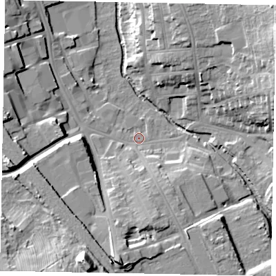 Shaded relief map of the ground around NG316JN, computed from Environment Agency LiDAR. The ground here sits at about 54 m above sea level and falls 27 m across the surrounding 800 m. Surface water reaching this point runs off ground lying to the south-south-west, 23.4 m higher.