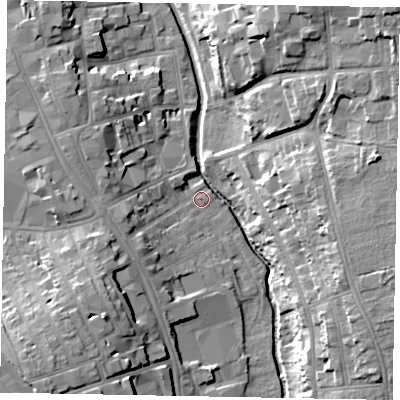 Shaded relief map of the ground around NG316JS, computed from Environment Agency LiDAR. The ground here sits at about 53 m above sea level and falls 21 m across the surrounding 800 m. Surface water reaching this point runs off ground lying to the west, 6.4 m higher.