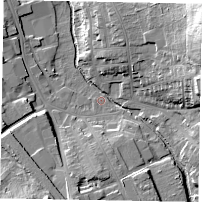 Shaded relief map of the ground around NG316JX, computed from Environment Agency LiDAR. The ground here sits at about 53 m above sea level and falls 38 m across the surrounding 800 m. Surface water reaching this point runs off ground lying to the south-south-west, 20.6 m higher.