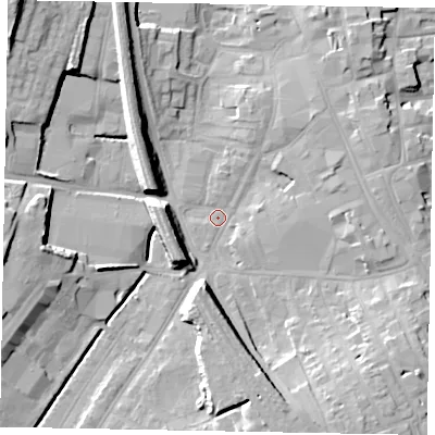 Shaded relief map of the ground around NG316JZ, computed from Environment Agency LiDAR. The ground here sits at about 55 m above sea level and falls 19 m across the surrounding 800 m. Surface water reaching this point runs off ground lying to the south-south-east, 10.5 m higher.