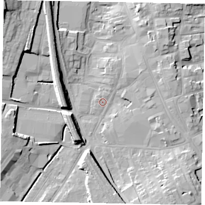 Shaded relief map of the ground around NG316LA, computed from Environment Agency LiDAR. The ground here sits at about 56 m above sea level and falls 21 m across the surrounding 800 m. Surface water reaching this point runs off ground lying to the north-north-east, 2.3 m higher.