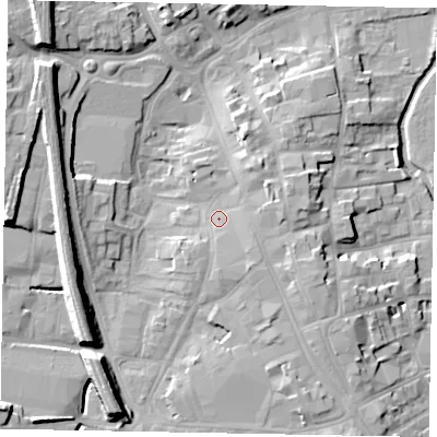 Shaded relief map of the ground around NG316LR, computed from Environment Agency LiDAR. The ground here sits at about 56 m above sea level and falls 17 m across the surrounding 800 m. Surface water reaching this point runs off ground lying to the east-south-east, 4.4 m higher.