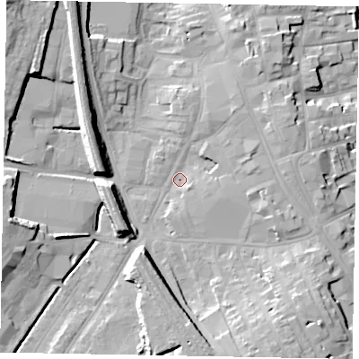 Shaded relief map of the ground around NG316LX, computed from Environment Agency LiDAR. The ground here sits at about 56 m above sea level and falls 19 m across the surrounding 800 m. Surface water reaching this point runs off ground lying to the east, 3.6 m higher.
