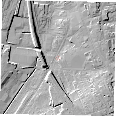 Shaded relief map of the ground around NG316LY, computed from Environment Agency LiDAR. The ground here sits at about 56 m above sea level and falls 16 m across the surrounding 800 m. Surface water reaching this point runs off ground lying to the south-south-east, 10.3 m higher.