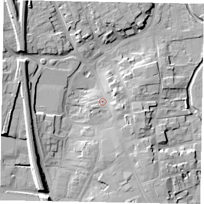 Shaded relief map of the ground around NG316NS, computed from Environment Agency LiDAR. The ground here sits at about 56 m above sea level and falls 17 m across the surrounding 800 m. Surface water reaching this point runs off ground lying to the east-south-east, 4.0 m higher.