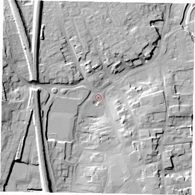 Shaded relief map of the ground around NG316NU, computed from Environment Agency LiDAR. The ground here sits at about 53 m above sea level and falls 21 m across the surrounding 800 m. Surface water reaching this point runs off ground lying to the west, 17.0 m higher.