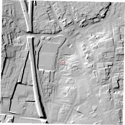 Shaded relief map of the ground around NG316NZ, computed from Environment Agency LiDAR. The ground here sits at about 54 m above sea level and falls 24 m across the surrounding 800 m. Surface water reaching this point runs off ground lying to the west, 20.1 m higher.