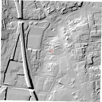 Shaded relief map of the ground around NG316PB, computed from Environment Agency LiDAR. The ground here sits at about 54 m above sea level and falls 21 m across the surrounding 800 m. Surface water reaching this point runs off ground lying to the west-north-west, 17.5 m higher.