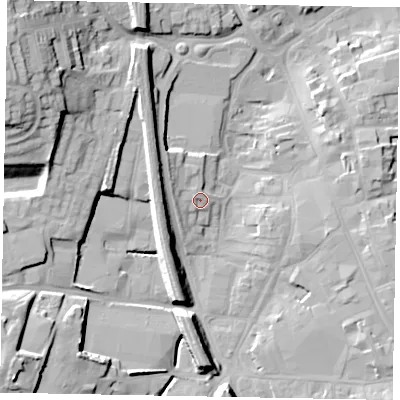 Shaded relief map of the ground around NG316PG, computed from Environment Agency LiDAR. The ground here sits at about 57 m above sea level and falls 27 m across the surrounding 800 m. Surface water reaching this point runs off ground lying to the west-north-west, 3.3 m higher.