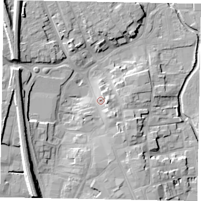 Shaded relief map of the ground around NG316PR, computed from Environment Agency LiDAR. The ground here sits at about 55 m above sea level and falls 17 m across the surrounding 800 m. Surface water reaching this point runs off ground lying to the south-east, 4.6 m higher.