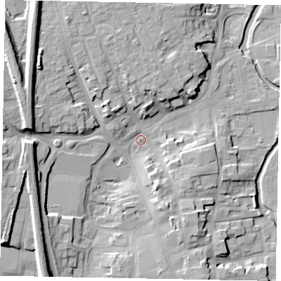 Shaded relief map of the ground around NG316PS, computed from Environment Agency LiDAR. The ground here sits at about 52 m above sea level and falls 18 m across the surrounding 800 m. Surface water reaching this point runs off ground lying to the west, 13.7 m higher.