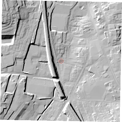 Shaded relief map of the ground around NG316PX, computed from Environment Agency LiDAR. The ground here sits at about 56 m above sea level and falls 26 m across the surrounding 800 m. Surface water reaching this point runs off ground lying to the north-west, 18.3 m higher.