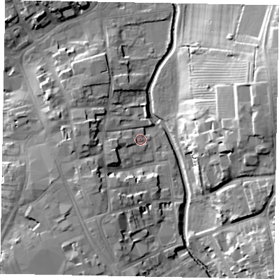 Shaded relief map of the ground around NG316QP, computed from Environment Agency LiDAR. The ground here sits at about 52 m above sea level and falls 21 m across the surrounding 800 m. Surface water reaching this point runs off ground lying to the south-west, 4.7 m higher.