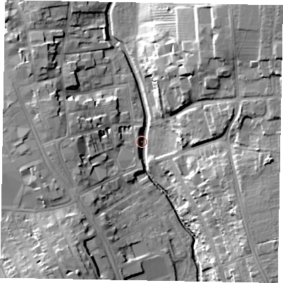Shaded relief map of the ground around NG316QQ, computed from Environment Agency LiDAR. The ground here sits at about 51 m above sea level and falls 22 m across the surrounding 800 m. Surface water reaching this point runs off ground lying to the north-east, 21.3 m higher.