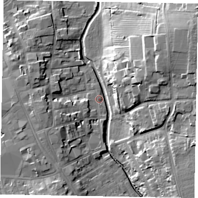 Shaded relief map of the ground around NG316QS, computed from Environment Agency LiDAR. The ground here sits at about 52 m above sea level and falls 22 m across the surrounding 800 m. Surface water reaching this point runs off ground lying to the north-east, 21.3 m higher.