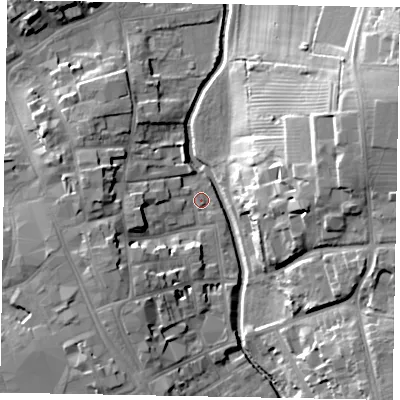 Shaded relief map of the ground around NG316QT, computed from Environment Agency LiDAR. The ground here sits at about 52 m above sea level and falls 21 m across the surrounding 800 m. Surface water reaching this point runs off ground lying to the west-south-west, 8.6 m higher.