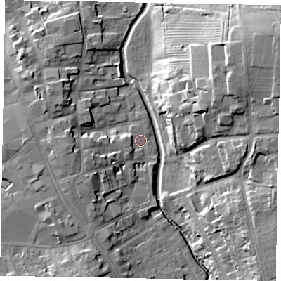 Shaded relief map of the ground around NG316QU, computed from Environment Agency LiDAR. The ground here sits at about 52 m above sea level and falls 22 m across the surrounding 800 m. Surface water reaching this point runs off ground lying to the west-south-west, 8.1 m higher.