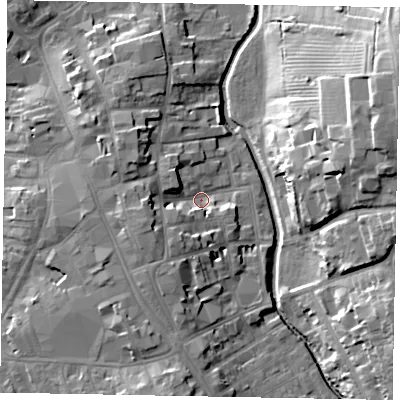 Shaded relief map of the ground around NG316QW, computed from Environment Agency LiDAR. The ground here sits at about 52 m above sea level and falls 21 m across the surrounding 800 m. Surface water reaching this point runs off ground lying to the west-south-west, 8.6 m higher.