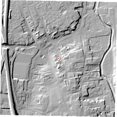 Shaded relief map of the ground around NG316RJ, computed from Environment Agency LiDAR. The ground here sits at about 54 m above sea level and falls 17 m across the surrounding 800 m. Surface water reaching this point runs off ground lying to the south-south-east, 6.0 m higher.