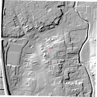 Shaded relief map of the ground around NG316RL, computed from Environment Agency LiDAR. The ground here sits at about 55 m above sea level and falls 16 m across the surrounding 800 m. Surface water reaching this point runs off ground lying to the south, 5.6 m higher.