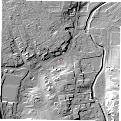 Shaded relief map of the ground around NG316RP, computed from Environment Agency LiDAR. The ground here sits at about 51 m above sea level and falls 16 m across the surrounding 800 m. Surface water reaching this point runs off ground lying to the south-west, 9.8 m higher.