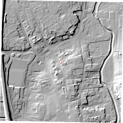 Shaded relief map of the ground around NG316RR, computed from Environment Agency LiDAR. The ground here sits at about 54 m above sea level and falls 16 m across the surrounding 800 m. Surface water reaching this point runs off ground lying to the south, 6.0 m higher.