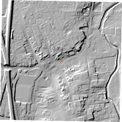 Shaded relief map of the ground around NG316RX, computed from Environment Agency LiDAR. The ground here sits at about 52 m above sea level and falls 18 m across the surrounding 800 m. Surface water reaching this point runs off ground lying to the north-north-west, 6.1 m higher.