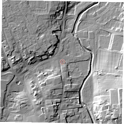 Shaded relief map of the ground around NG316SS, computed from Environment Agency LiDAR. The ground here sits at about 51 m above sea level and falls 20 m across the surrounding 800 m. Surface water reaching this point runs off ground lying to the south-south-west, 8.3 m higher.