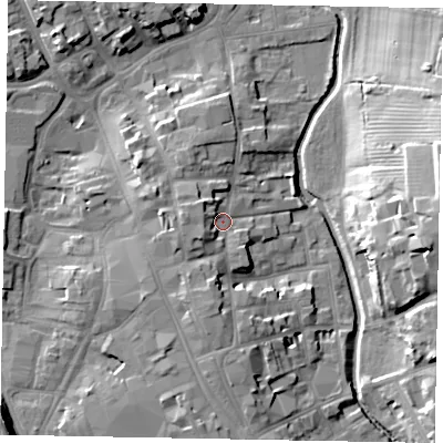 Shaded relief map of the ground around NG316SW, computed from Environment Agency LiDAR. The ground here sits at about 55 m above sea level and falls 18 m across the surrounding 800 m. Surface water reaching this point runs off ground lying to the south-west, 5.0 m higher.