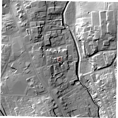 Shaded relief map of the ground around NG316TA, computed from Environment Agency LiDAR. The ground here sits at about 56 m above sea level and falls 21 m across the surrounding 800 m. Surface water reaching this point runs off ground lying to the south-west, 4.0 m higher.