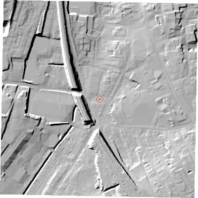 Shaded relief map of the ground around NG316TE, computed from Environment Agency LiDAR. The ground here sits at about 55 m above sea level and falls 19 m across the surrounding 800 m. Surface water reaching this point runs off ground lying to the south-south-east, 10.5 m higher.
