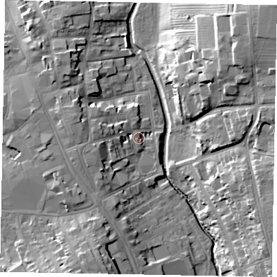 Shaded relief map of the ground around NG316TH, computed from Environment Agency LiDAR. The ground here sits at about 54 m above sea level and falls 21 m across the surrounding 800 m. Surface water reaching this point runs off ground lying to the west-south-west, 7.7 m higher.