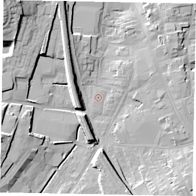 Shaded relief map of the ground around NG316TN, computed from Environment Agency LiDAR. The ground here sits at about 56 m above sea level and falls 24 m across the surrounding 800 m. The ground contributing surface water to this point lies to the north-north-west.