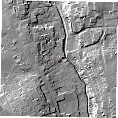 Shaded relief map of the ground around NG316TT, computed from Environment Agency LiDAR. The ground here sits at about 54 m above sea level and falls 21 m across the surrounding 800 m. Surface water reaching this point runs off ground lying to the west, 6.7 m higher.
