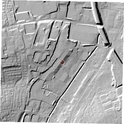 Shaded relief map of the ground around NG317AA, computed from Environment Agency LiDAR. The ground here sits at about 62 m above sea level and falls 22 m across the surrounding 800 m. Surface water reaching this point runs off ground lying to the west-north-west, 13.5 m higher.
