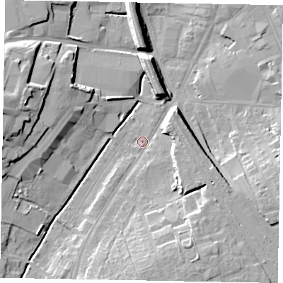 Shaded relief map of the ground around NG317AB, computed from Environment Agency LiDAR. The ground here sits at about 56 m above sea level and falls 17 m across the surrounding 800 m. Surface water reaching this point runs off ground lying to the south-south-east, 10.2 m higher.