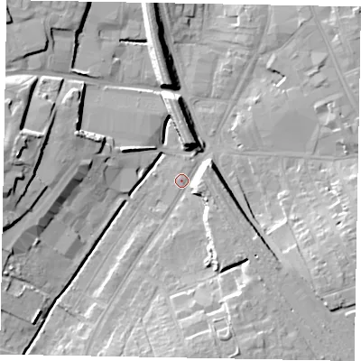 Shaded relief map of the ground around NG317AD, computed from Environment Agency LiDAR. The ground here sits at about 57 m above sea level and falls 16 m across the surrounding 800 m. Surface water reaching this point runs off ground lying to the south-south-east, 10.3 m higher.