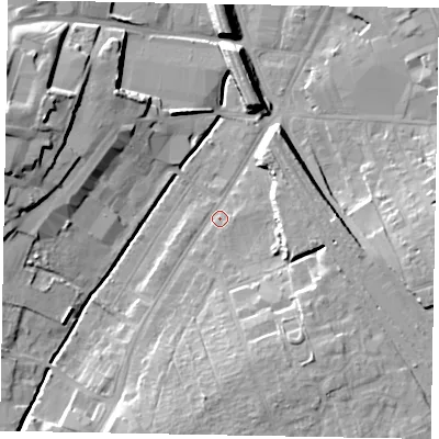 Shaded relief map of the ground around NG317AE, computed from Environment Agency LiDAR. The ground here sits at about 57 m above sea level and falls 17 m across the surrounding 800 m. Surface water reaching this point runs off ground lying to the south-south-east, 10.0 m higher.