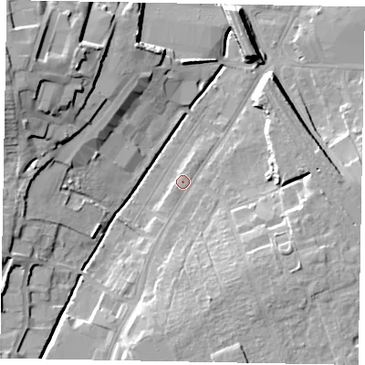 Shaded relief map of the ground around NG317AJ, computed from Environment Agency LiDAR. The ground here sits at about 58 m above sea level and falls 20 m across the surrounding 800 m. Surface water reaching this point runs off ground lying to the south, 8.2 m higher.