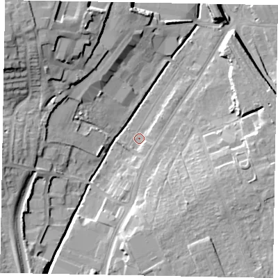Shaded relief map of the ground around NG317AL, computed from Environment Agency LiDAR. The ground here sits at about 57 m above sea level and falls 21 m across the surrounding 800 m. Surface water reaching this point runs off ground lying to the south, 2.7 m higher.