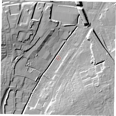 Shaded relief map of the ground around NG317AP, computed from Environment Agency LiDAR. The ground here sits at about 56 m above sea level and falls 21 m across the surrounding 800 m. Surface water reaching this point runs off ground lying to the west-north-west, 19.7 m higher.