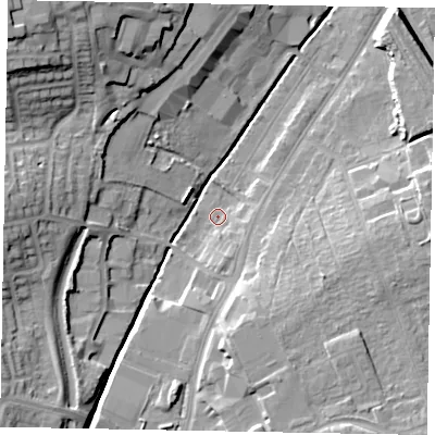 Shaded relief map of the ground around NG317AQ, computed from Environment Agency LiDAR. The ground here sits at about 57 m above sea level and falls 22 m across the surrounding 800 m. Surface water reaching this point runs off ground lying to the south-south-east, 7.5 m higher.