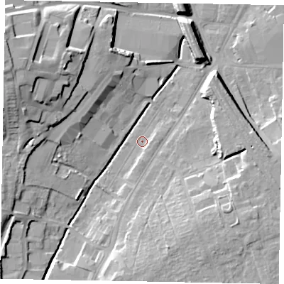 Shaded relief map of the ground around NG317AW, computed from Environment Agency LiDAR. The ground here sits at about 56 m above sea level and falls 20 m across the surrounding 800 m. Surface water reaching this point runs off ground lying to the south-south-west, 3.7 m higher.