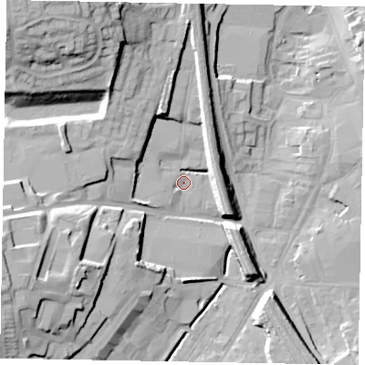 Shaded relief map of the ground around NG317DA, computed from Environment Agency LiDAR. The ground here sits at about 57 m above sea level and falls 27 m across the surrounding 800 m. Surface water reaching this point runs off ground lying to the north-north-west, 17.3 m higher.