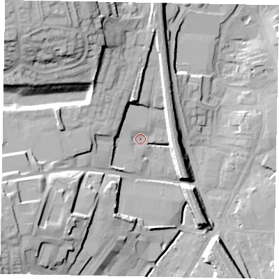 Shaded relief map of the ground around NG317DB, computed from Environment Agency LiDAR. The ground here sits at about 57 m above sea level and falls 28 m across the surrounding 800 m. Surface water reaching this point runs off ground lying to the north-north-west, 14.4 m higher.