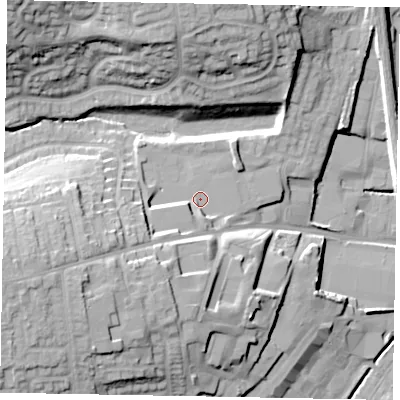 Shaded relief map of the ground around NG317DD, computed from Environment Agency LiDAR. The ground here sits at about 64 m above sea level and falls 27 m across the surrounding 800 m. Surface water reaching this point runs off ground lying to the west-south-west, 15.2 m higher.