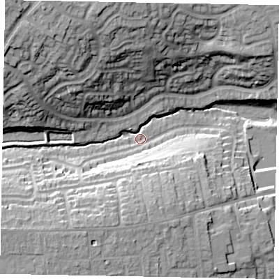 Shaded relief map of the ground around NG317EF, computed from Environment Agency LiDAR. The ground here sits at about 65 m above sea level and falls 29 m across the surrounding 800 m. Surface water reaching this point runs off ground lying to the north-west, 23.9 m higher.